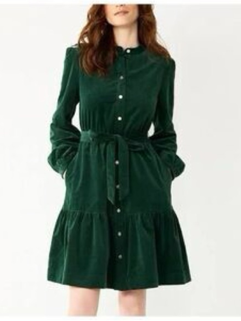 Draper James Emerald Green Velvet Button-Front Long-Sleeve Dress